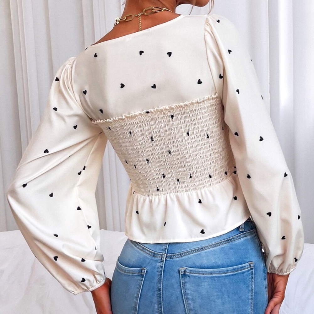 Boho Heart print Square Neck Peplum Top Beige - Picture 5 of 7
